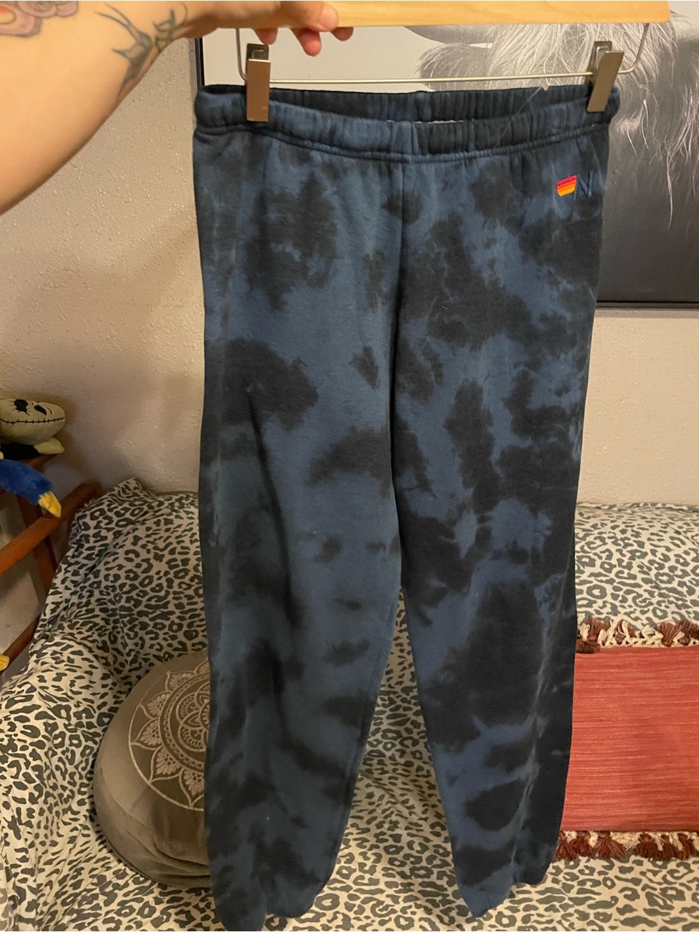 Aviator Nation Navy & Black Tie-Dye Joggers with Rainbow Patch